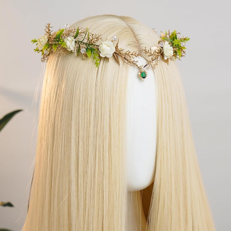 MOSTORY Woodland Fairy Crown Headpiece - Green Flower Elf Crowns for Fairy Cotume Women Renaissance, Forest Floral Headband Elven Circlet for Renfaire Cosplay Photo Shoot - Image 3